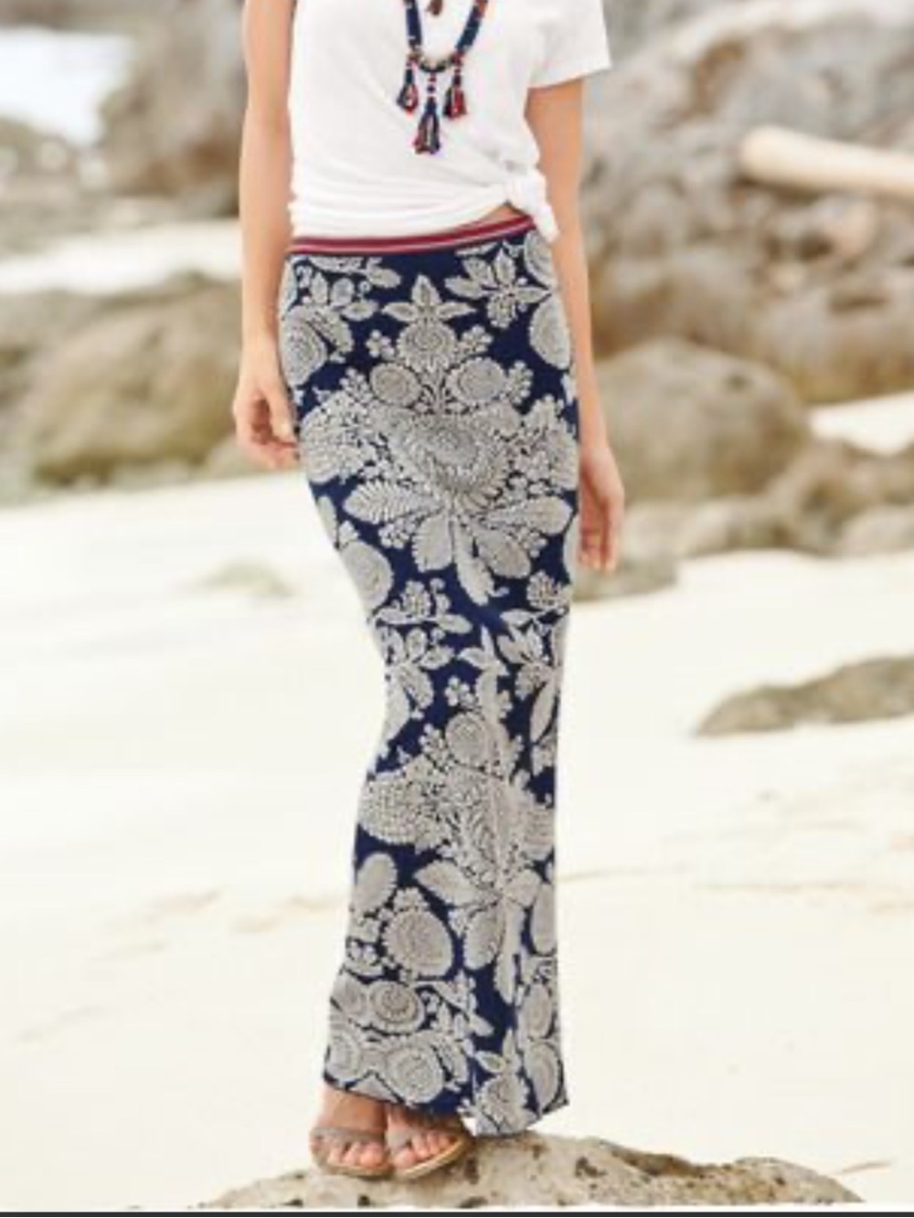 Peruvian Connection Anjali Knit Floral Midi Length Pencil Skirt Small